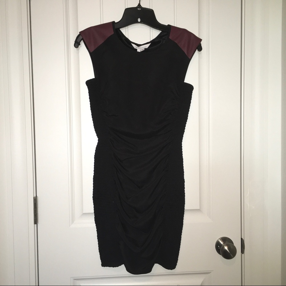 BCBG Ruched Mini Dress Vegan Leather Shoulders 4